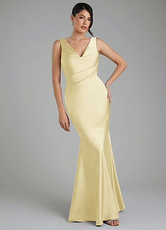 Azazie Monica At-home Try On Dresses Lemon Sorbet Mermaid Pleated Stretch Satin Dress image1