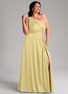 Azazie Brooke Bridesmaid Dresses Lemon Sorbet A-Line One Shoulder Stretch Satin Dress image11