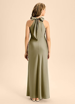 Azazie Doretta Junior Moss Green A-Line Pleated Stretch Satin Dress image2