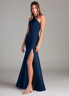 Azazie Rue Bridesmaid Dresses Dark Navy A-Line Pleated Stretch Satin Dress image5