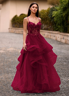 Dreama Burgundy Lace Corset Ruffle Prom Dress image10