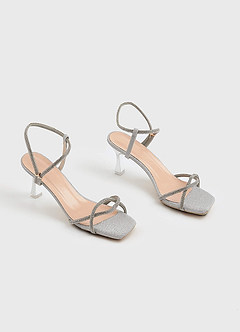 front Glitter and Metallic Ankle Strap Kitten Heels