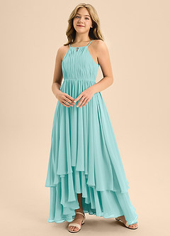 Azazie Elliora Junior A-Linie Plissee Chiffon Kleid Aqua image4