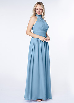 Azazie Iman Vestidos de damas de honor Vestido de Azul Acero de Gasa de Corte en A con Línea A fruncida image3
