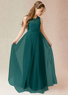 Azazie Georgette Junior Peacock A-Line Lace Tulle Dress image1