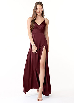 Azazie Dalilah Bridesmaid Dresses Cabernet A-Line V-Neck Pleated Stretch Satin Dress image1