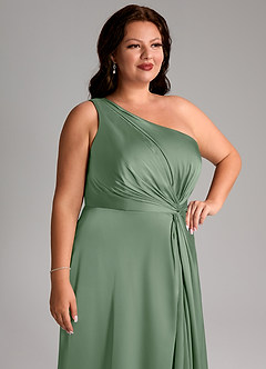 Azazie Brooke Vestidos de damas de honor Vestido de Matcha de Satén Elástico de Corte en A con Hombro unilateral image13