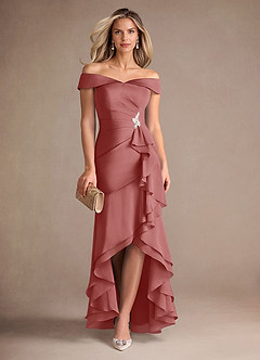 Azazie Billings Mother of the Bride Dresses Antique Rose Mermaid Off the Shoulder Stretch Satin Dress image1