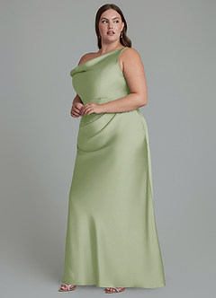 Azazie Emerson Vestidos de damas de honor Vestido Salvia Polvorienta de Satén Elástico de Corte Sirena con Hombros descubiertos image3