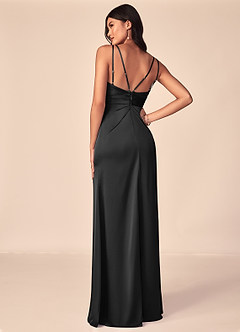 Azazie Aqua Vestidos de damas de honor Vestido de Negro de Satén Elástico de Corte en A con Cuello en V plisado image3