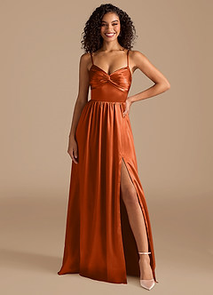 Azazie Zeya Bridesmaid Dresses Burnt Orange A-Line Pleated Metallic Satin Dress image3