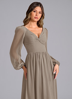 Azazie Zeya Bridesmaid Dresses Taupe A-Line Long Sleeve Chiffon Dress image5