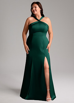 Azazie Rue Bridesmaid Dresses Emerald A-Line Pleated Stretch Satin Dress image10