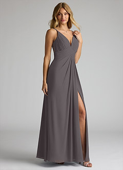 Azazie Maren Allure Brautjungfernkleider A-Linie V-Hals Spitze Chiffon Kleid Stahlgrau image4