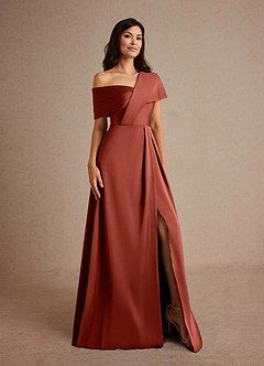 Azazie Milton Mother of the Bride Dresses Terracotta A-Line Pleated Stretch Satin Dress image8