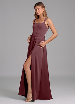 Azazie Rosaline Bridesmaid Dresses Sangria A-Line Side Slit Stretch Satin Dress image5