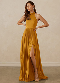 Christian Siriano Bridal for Azazie 1007 Bridesmaid Dresses Butterscotch A-Line Pleated Stretch Satin Dress image4