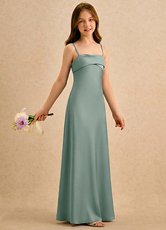 Azazie Mirabella Girls Formal vestidos de niña de las flores Vestido Salvia Plateada de Satén Elástico de Recto con Escote corazón image4