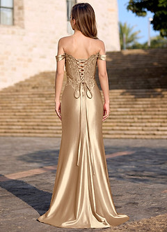 Deliacor Champagne Off-Shoulder Corset Satin Slit Mermaid Gown image2
