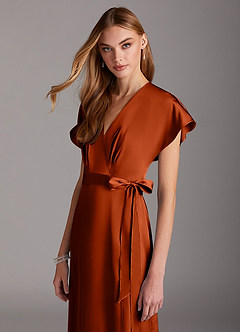 Azazie Nico Bridesmaid Dresses Paprika A-Line V-Neck Stretch Satin Dress image6