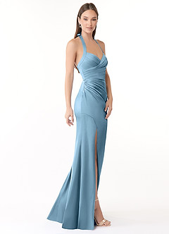 Azazie Emeria Bridesmaid Dresses Steel Blue Mermaid Pleated Stretch Satin Dress image4