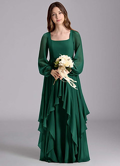 Azazie Clara Junior Jurk van Chiffon met A-Lijn Blouson Smaragd image7