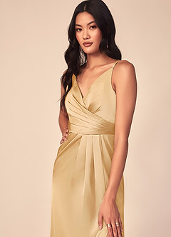 Azazie Aqua Bridesmaid Dresses Gold A-Line V-Neck Pleated Stretch Satin Dress image6
