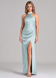 Azazie Karlotta Bridesmaid Dresses Mist Sheath Pleated Stretch Satin Dress image1