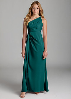 Azazie Mika Junior Robe Trapèze en Satin extensible Plissée Paon image3