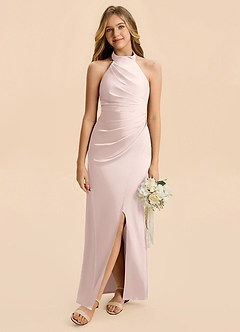 Azazie Jemma Junior Blushing Pink Sheath Ruched Stretch Satin Dress image4