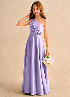 Azazie Puddles Girls Formal Flower Girl Dresses Lilac A-Line One Shoulder Matte Satin Dress image6