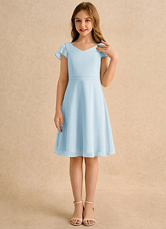 Azazie Narin Girls Formal Robe Demoiselle D'honneur Fillette Robe Trapèze en Mousseline de soie avec manches Bleu Ciel image4