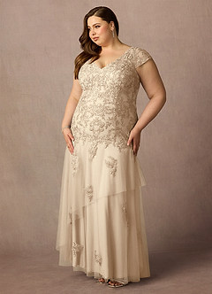 Azazie Romy Mother of the Bride Dresses Champagne Mermaid V-Neck Sequins Tulle Dress image9