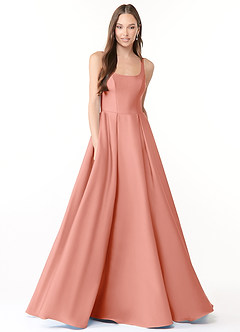 Azazie Neve Vestidos de damas de honor Vestido de Coral de Satén Elástico de Corte Princesa con Con bolsillos image1
