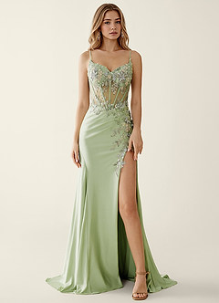 Manuelly Light Green Satin/Lace 3D Flower Prom Dress image5