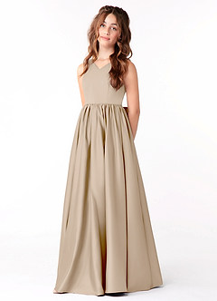 Azazie Hathaway Junior Taupe A-Line Bow Matte Satin Dress image3