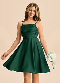 Azazie Miko Junior Dark Green A-Line Pleated Stretch Satin Dress image1