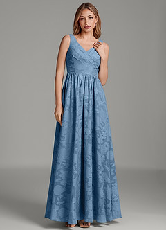 Azazie Keyla At-home Try On Dresses Steel Blue A-Line Pleated Floral Burnout Dress image5