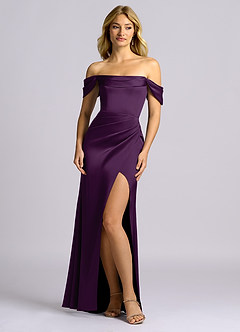 Azazie Auden Bridesmaid Dresses Grape Sheath Off the Shoulder Stretch Satin Convertible Dress image1