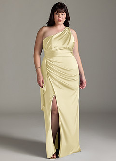 Azazie Maive Final Sale Lemon Sorbet Sheath Ruched Stretch Satin Dress image10