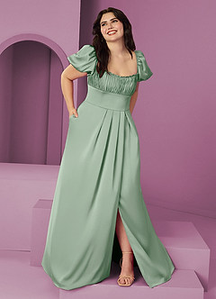 Barbie ♥ Azazie Bridesmaid Dresses Agave A-Line Ruched Stretch Satin Dress image1