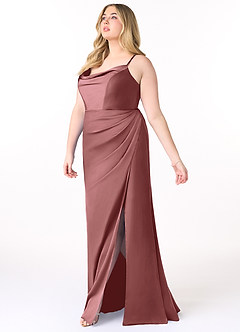 Azazie Marzia Bridesmaid Dresses Amethyst Sheath Cowl Pleated Stretch Satin Dress image9