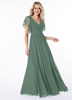 Azazie Zella Bridesmaid Dresses Eucalyptus A-Line Lace Chiffon Dress image3