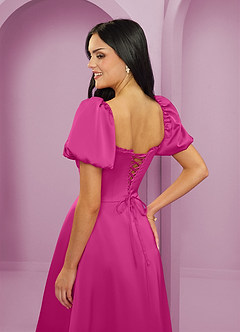 Barbie ♥ Azazie Vestidos de damas de honor Vestido de Fucsia de Satén Elástico de Corte en A con Volante image6