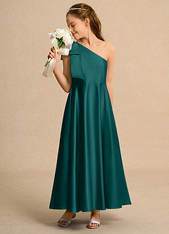 Azazie Guppy Girls Formal Abiti da Ragazza di Fiori Abito A-Line in Raso Opaco Monospalla Verde Pavone image4