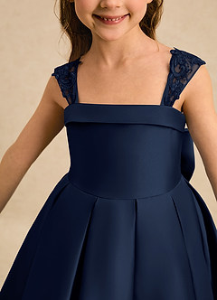 Azazie Genie Flower Girl Dresses Dark Navy Ball-Gown Off the Shoulder Matte Satin Dress image4