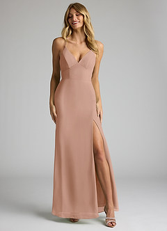 Azazie Becca Bridesmaid Dresses Champagne Rose Sheath V-Neck Chiffon Dress image4