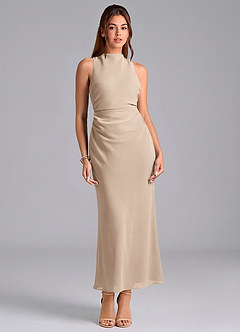 Azazie Evadne 신부 들러리 드레스 쉬스 주름진 쉬폰 발목 길이 드레스 image3