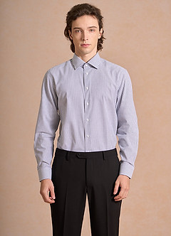 front Aiden Brushed Denim Blue 100% Cotton Non-Iron Striped Dress Shirt