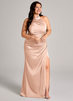 Azazie Jemma 신부 들러리 드레스 쉬스 주름진 스트레치 새틴 바닥 길이 드레스 image11